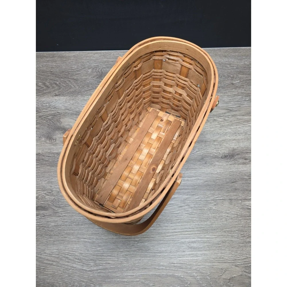 Vintage Double Handled Light Brown Wooden Basket 13.5x9x7 Rustic Home Decor